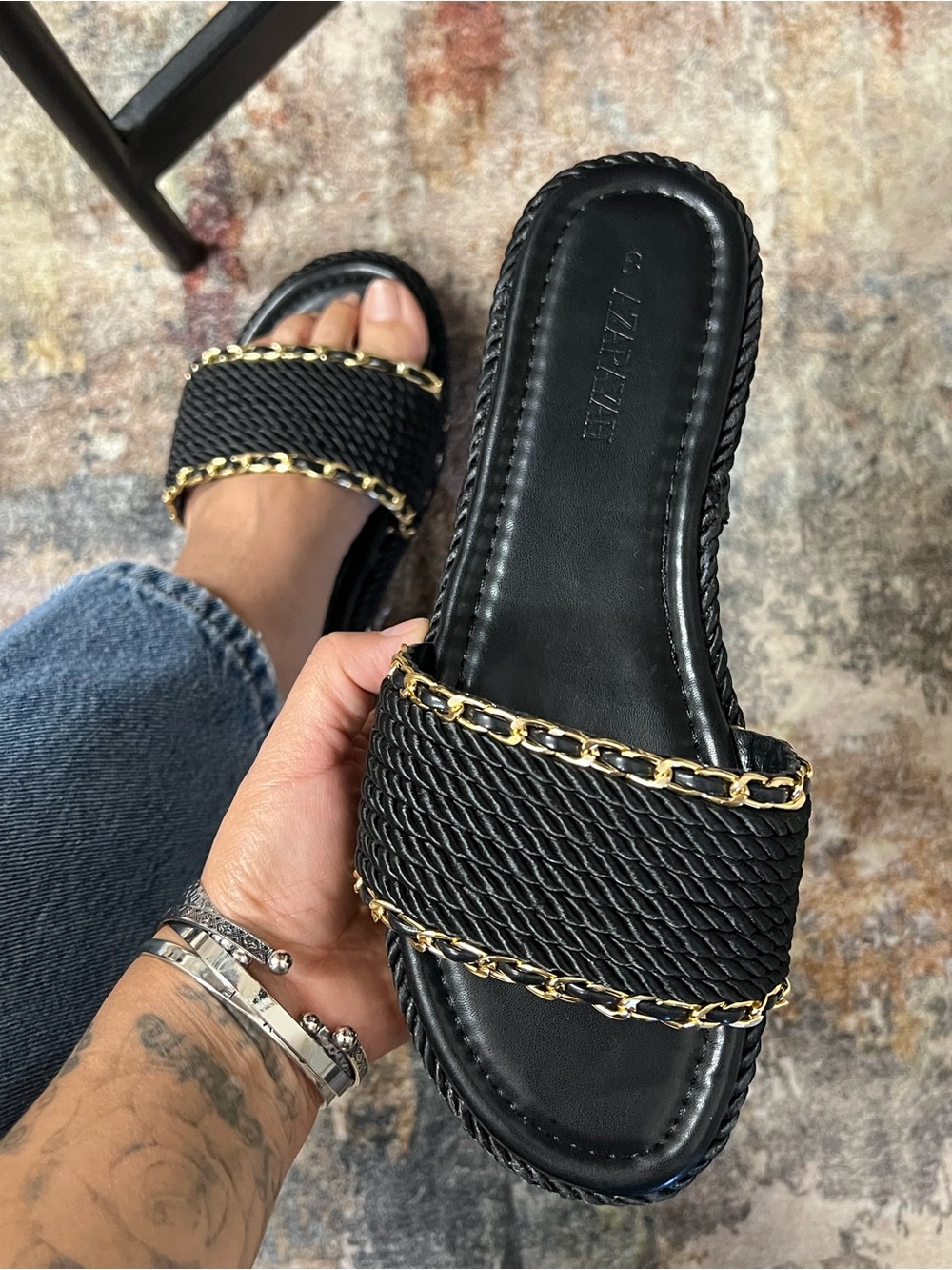 Women's Black Slide Sandals with Gold Chain Trim